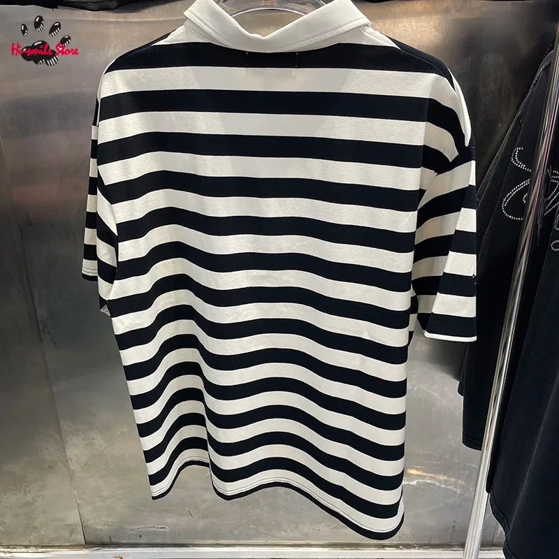 Striped Rhinestone Letter Logo MAJESTIK Short Sleeve Polo Shirt Men Woman Streetwear All-match Tee Best Quality New Fashion Top