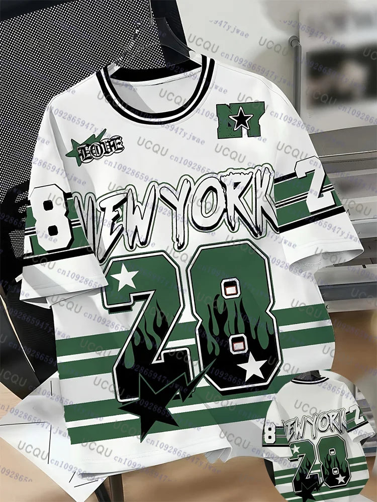 European American New York No.28 Football Jersey Women's Men's Summer Sports Fashion Striped Breathable Outdoor Streetwear Tops