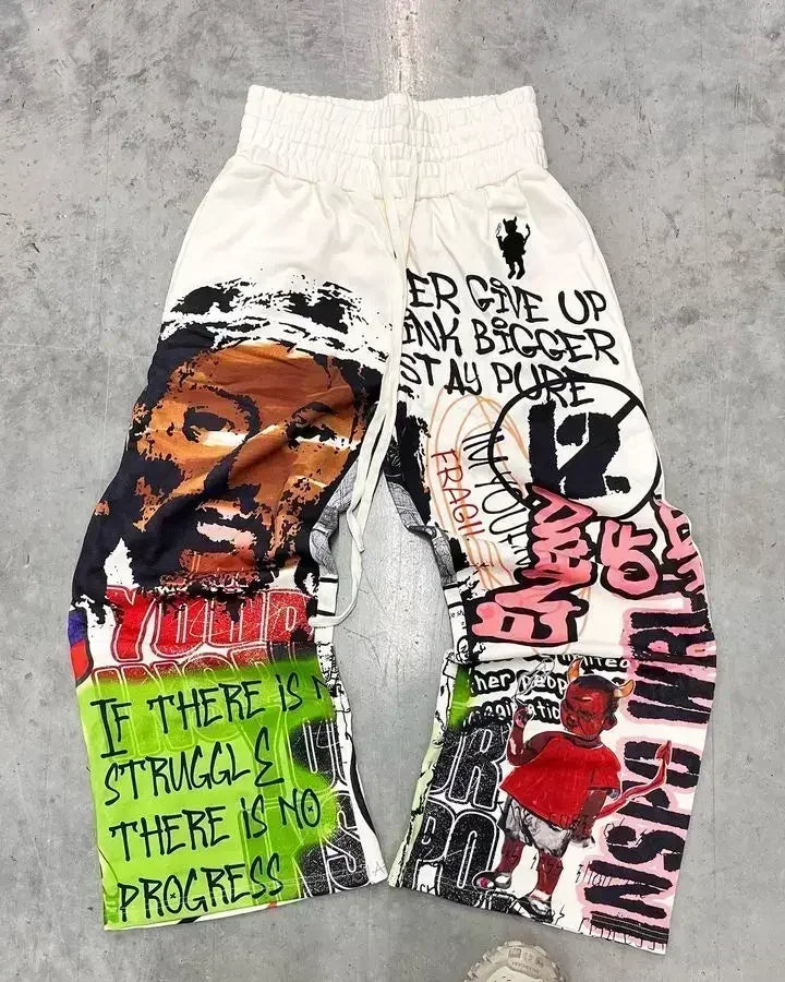 Y2K Hip Hop Striped Straight Sweatpants Men Women Summer Loose Wide Leg Trousers Elastic Waist Streetwear Drawstring Hem Pants