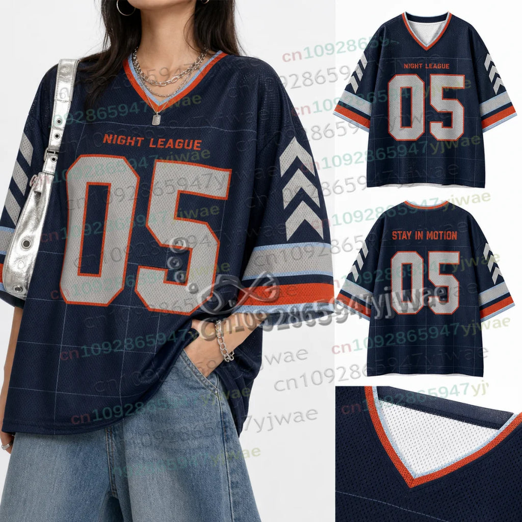 American Streetwear Football Jersey Summer Special Edition Women V-Neck Hole TShirt Short Sleeve Rushready Y2K Men's Clothing