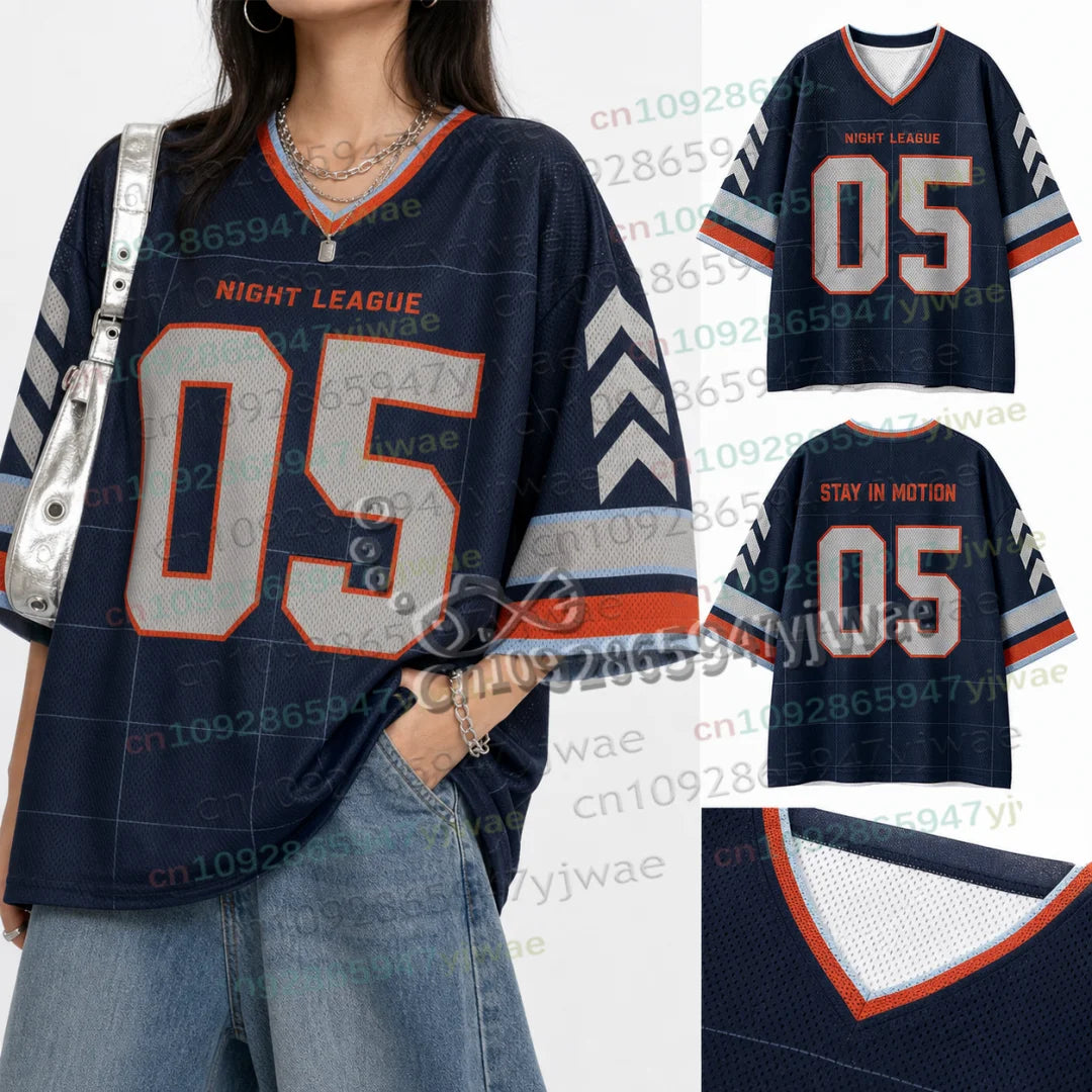 American Streetwear Football Jersey Summer Special Edition Women V-Neck Hole TShirt Short Sleeve Rushready Y2K Men's Clothing