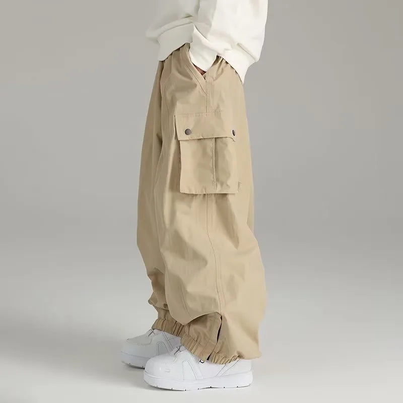 Beige Baggy Cargo Pants Side Pocket Elastic Cuff Loose Fit Trousers Men's Casual Pants
