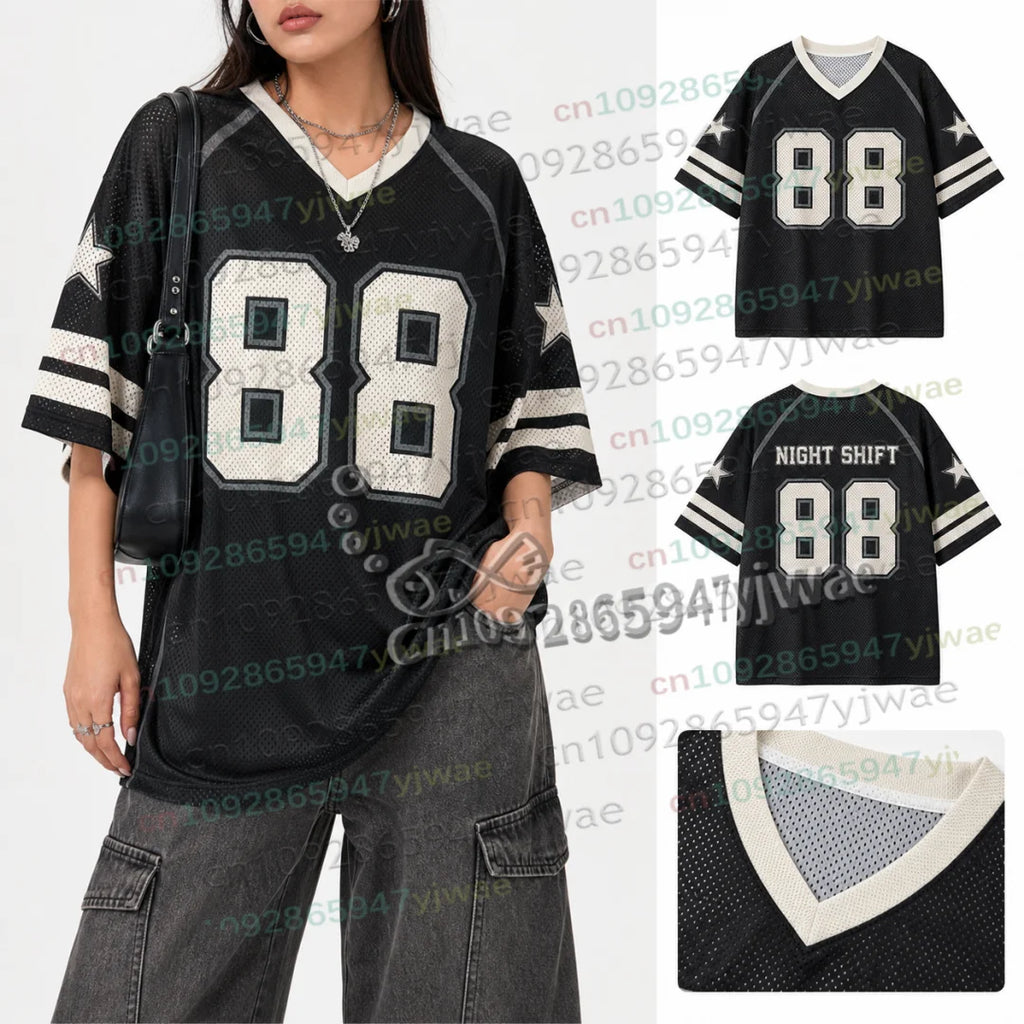 American Streetwear Football Jersey Summer Special Edition Women V-Neck Hole TShirt Short Sleeve Rushready Y2K Men's Clothing