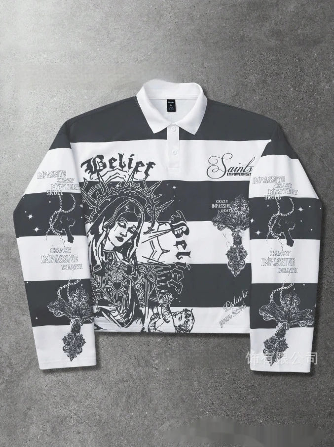 2026 Summer New Style Men's Long-Sleeved Polo Shirt with 3D Letter Pattern Print Street Casual Fashionable and Comfortable