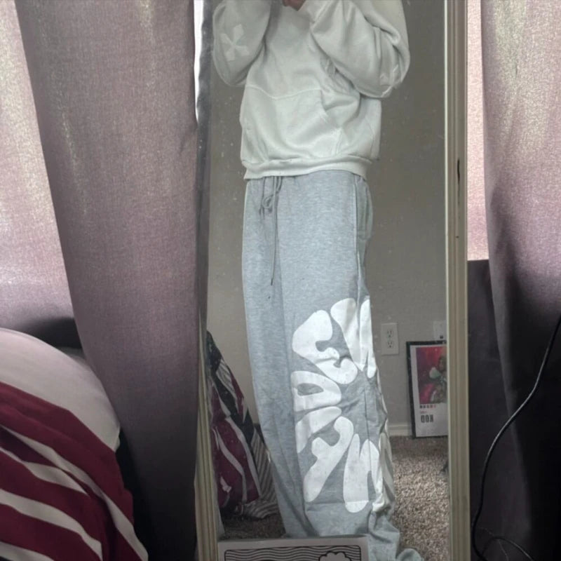 Baggy Y2K Streetwear Men's Stacked Grey Heavyweight Large Letter Print Sweatpants Loose Fit Drawstring Waist Casual Daily Wear