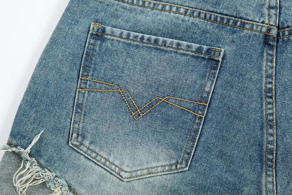 Summer Pentagram Pattern Men's Jort Splicing Mid Length Denim Pants American High Street Straight Male Shorts