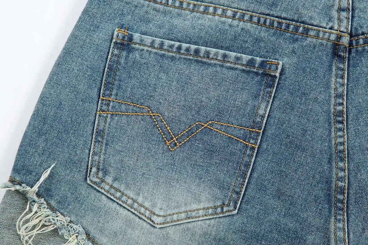 Summer Pentagram Pattern Men's Jort Splicing Mid Length Denim Pants American High Street Straight Male Shorts