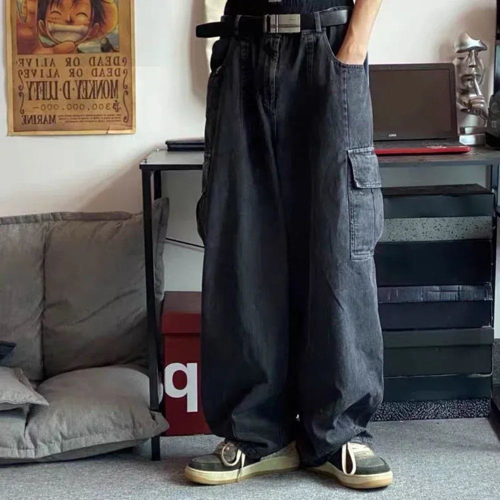 Baggy Jeans Men's Oversize Cargo Korean Black Wide Pants Streetwear Hip Hop Harajuku Male Fashion Straight Denim Pants