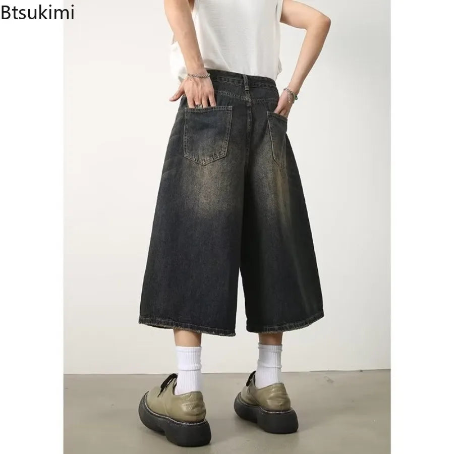 Vintage Y2k Baggy Jeans Men's Fashion High Waisted Wide Leg Pants Summer Hip Hop Streetwear Couple Leisure Denim Cropped Pants
