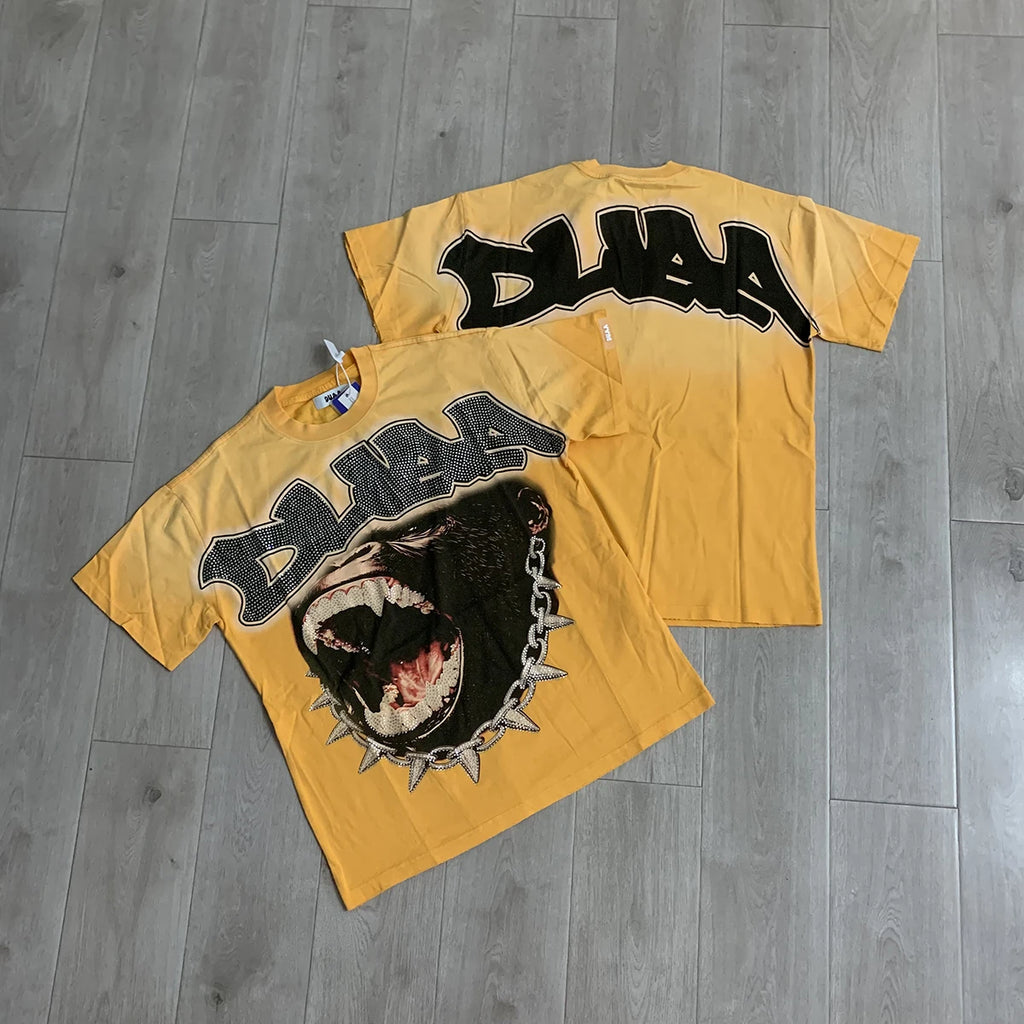 Streetwear Rhinestone Letter Print Yellow T-shirt Men Woman Fashion Retro Shinning Diamond loose casual Oversized Hip Hop Tees