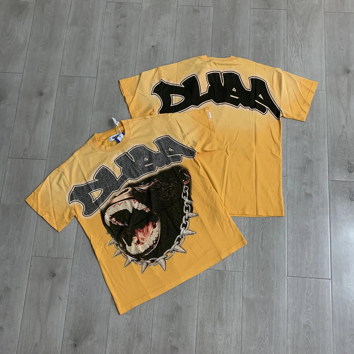 Streetwear Rhinestone Letter Print Yellow T-shirt Men Woman Fashion Retro Shinning Diamond loose casual Oversized Hip Hop Tees