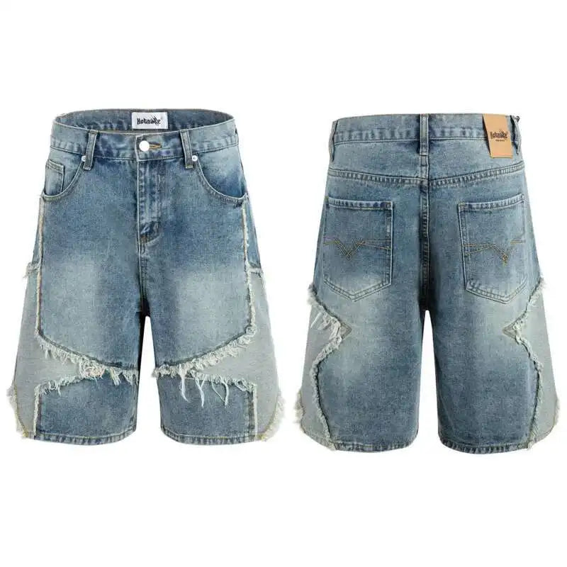 Summer Pentagram Pattern Men's Jort Splicing Mid Length Denim Pants American High Street Straight Male Shorts