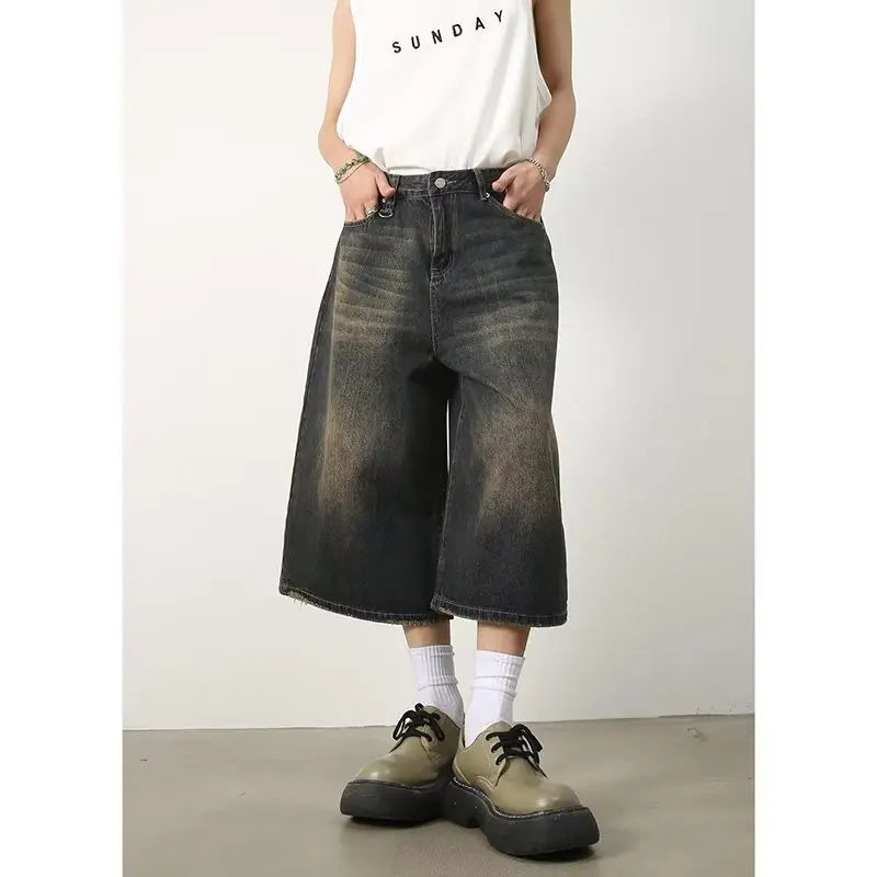 Vintage Y2k Baggy Jeans Men's Fashion High Waisted Wide Leg Pants Summer Hip Hop Streetwear Couple Leisure Denim Cropped Pants