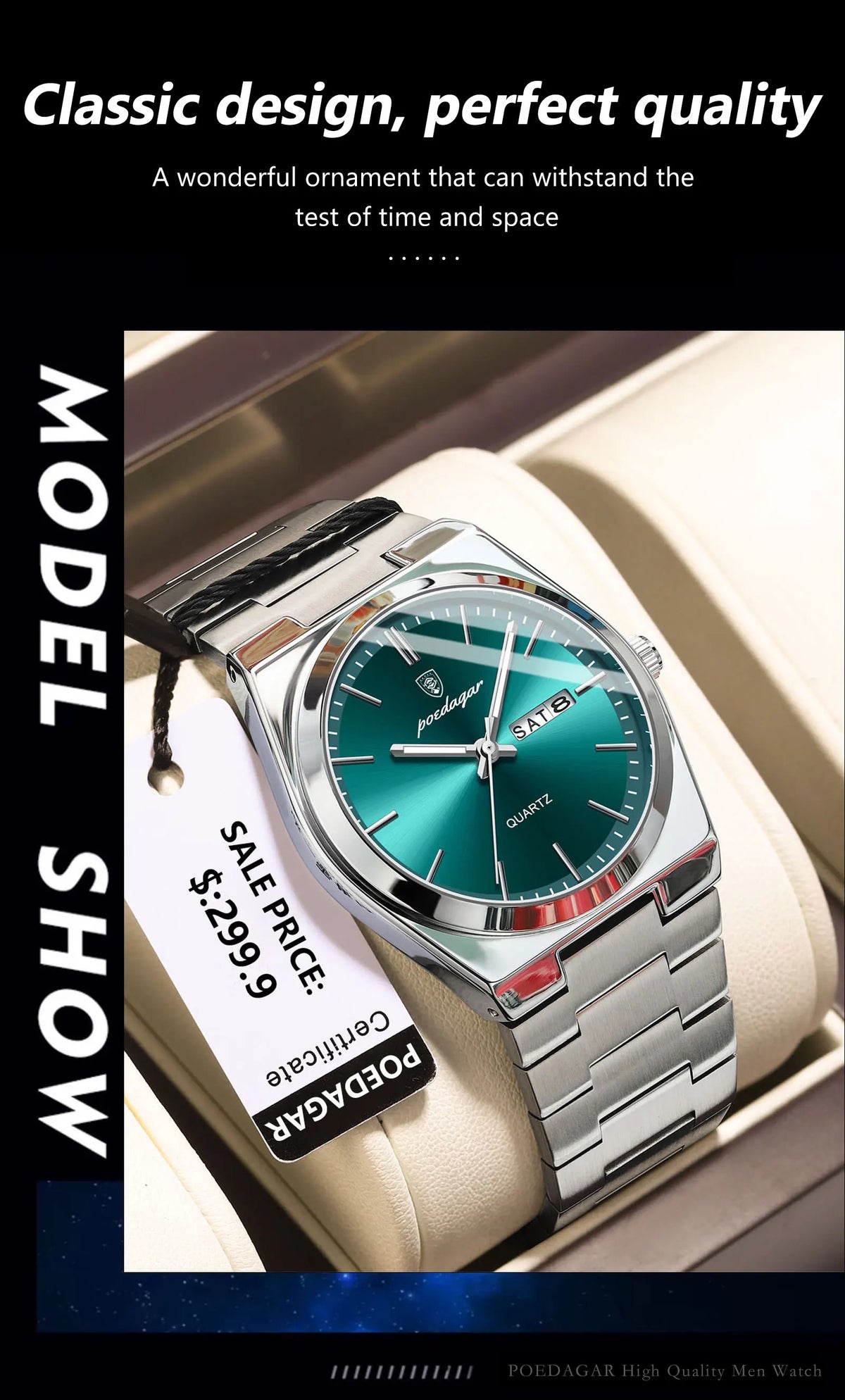POEDAGAR Men's Stainless Steel Quartz Watch