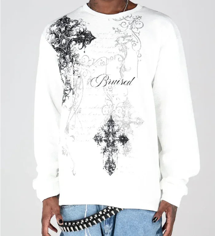 Alt Style Y2K Gothic Long Sleeve Pattern Oversized T Shirt High Street Breathable Cotton Women Man Casual Top