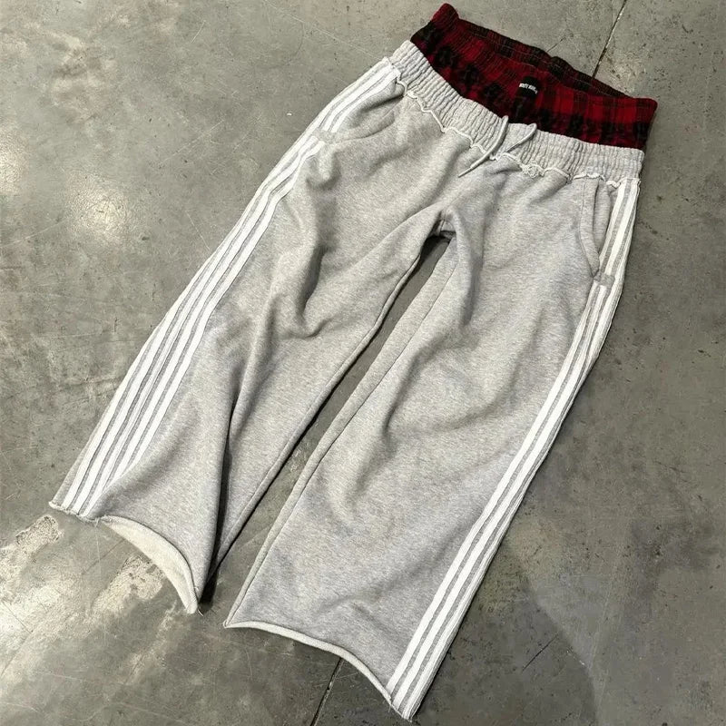 Y2K Retro Pants Harajuku Double Embroidered Waist Sweatpants Hip Hop Goth Clothes Fashion Wide Leg Baggy Pants Streetwear Unisex