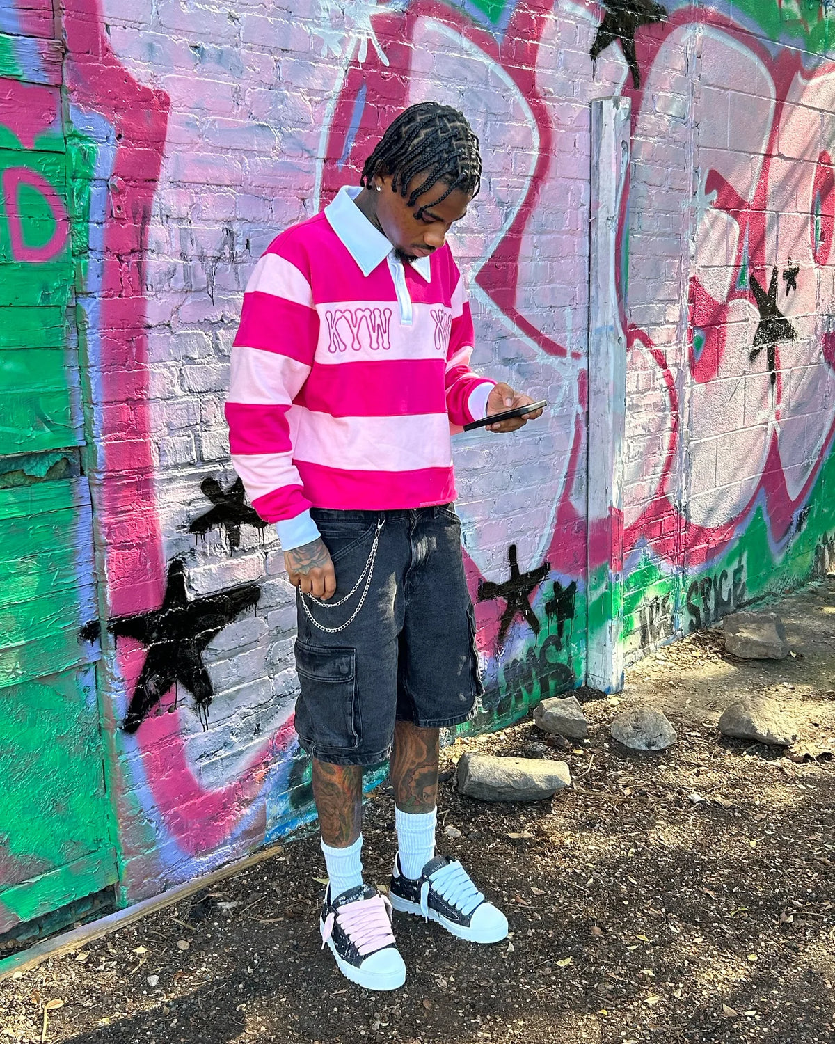 Pink Rugby Polo Shirts Hip Hop Men Stripe Print Lapel Neck Shirt Y2k Harajuku Fashion Casual Cotton Long Sleeves Top Women Tees
