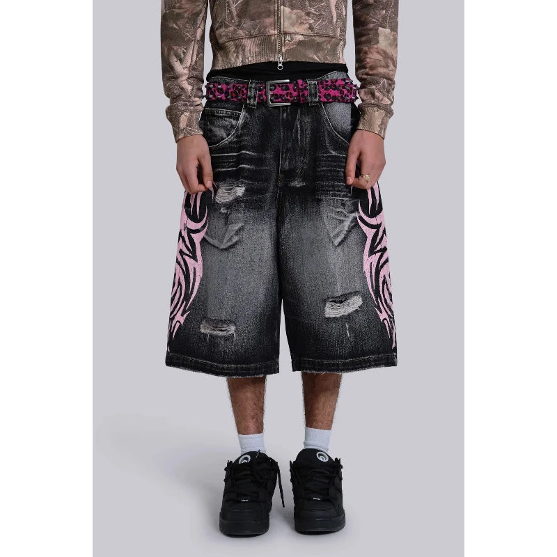 HOUZHOU Gothic Vintage Print Short Jeans Women Grunge Blue Oversize Distressed Jorts Wide Leg Pattern Denim Shorts Streetwear