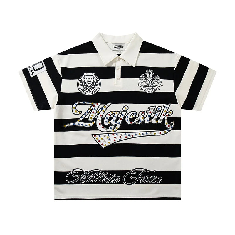 Striped Rhinestone Letter Logo MAJESTIK Short Sleeve Polo Shirt Men Woman Streetwear All-match Tee Best Quality New Fashion Top