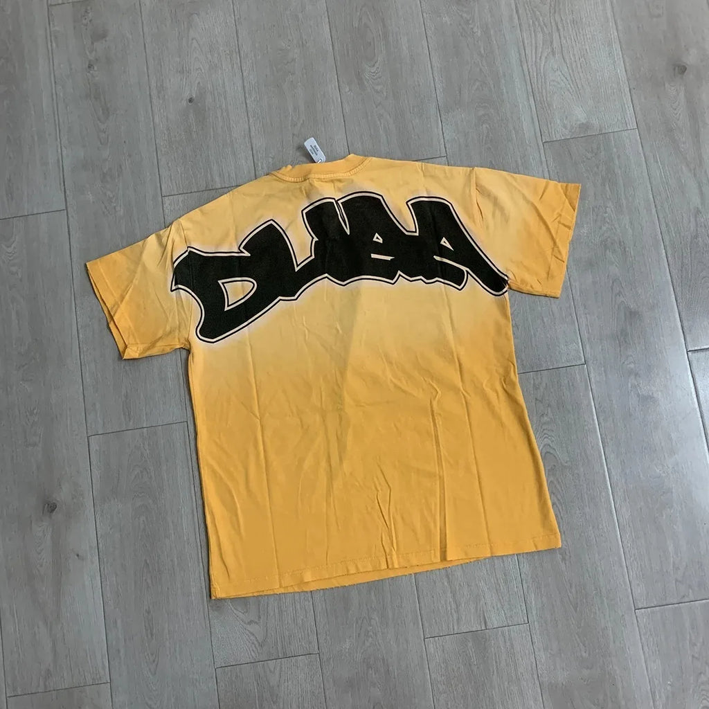 Streetwear Rhinestone Letter Print Yellow T-shirt Men Woman Fashion Retro Shinning Diamond loose casual Oversized Hip Hop Tees