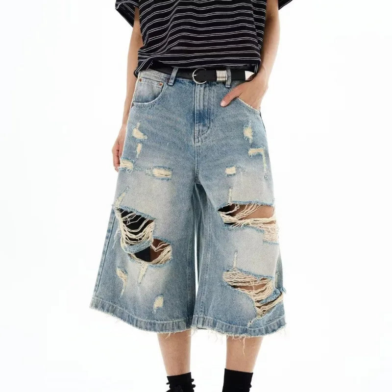 New Men Vintage Ripped Baggy Short Jeans Women Grunge Distressed Oversized Jorts Y2k Retro Punk Streetwear Wide Leg Denim Shorts