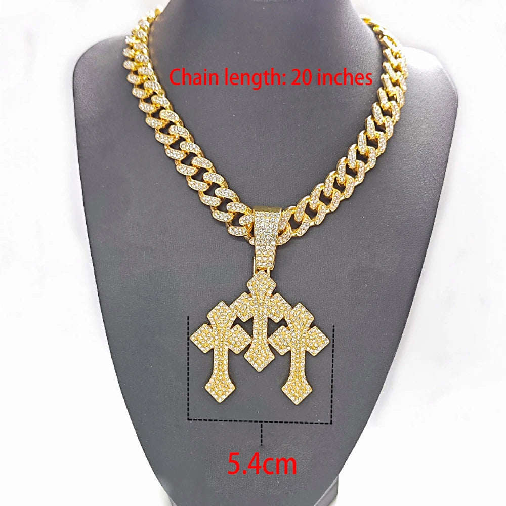 New Iced Out Stacked Crosses Pendant Necklace