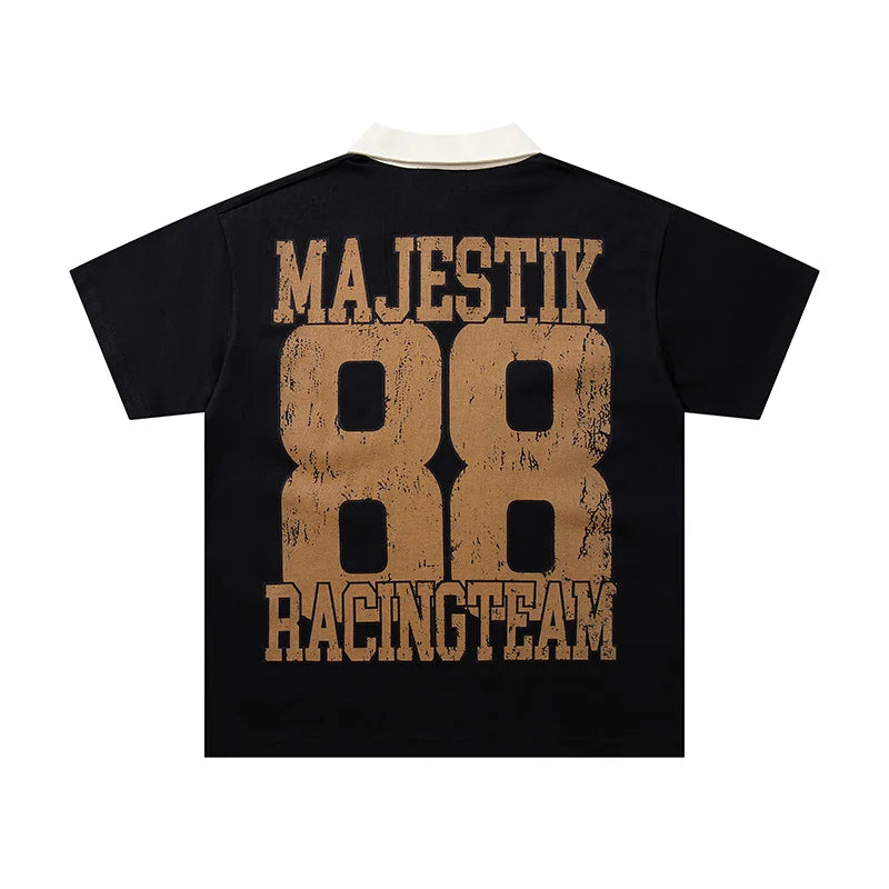 Striped Rhinestone Letter Logo MAJESTIK Short Sleeve Polo Shirt Men Woman Streetwear All-match Tee Best Quality New Fashion Top