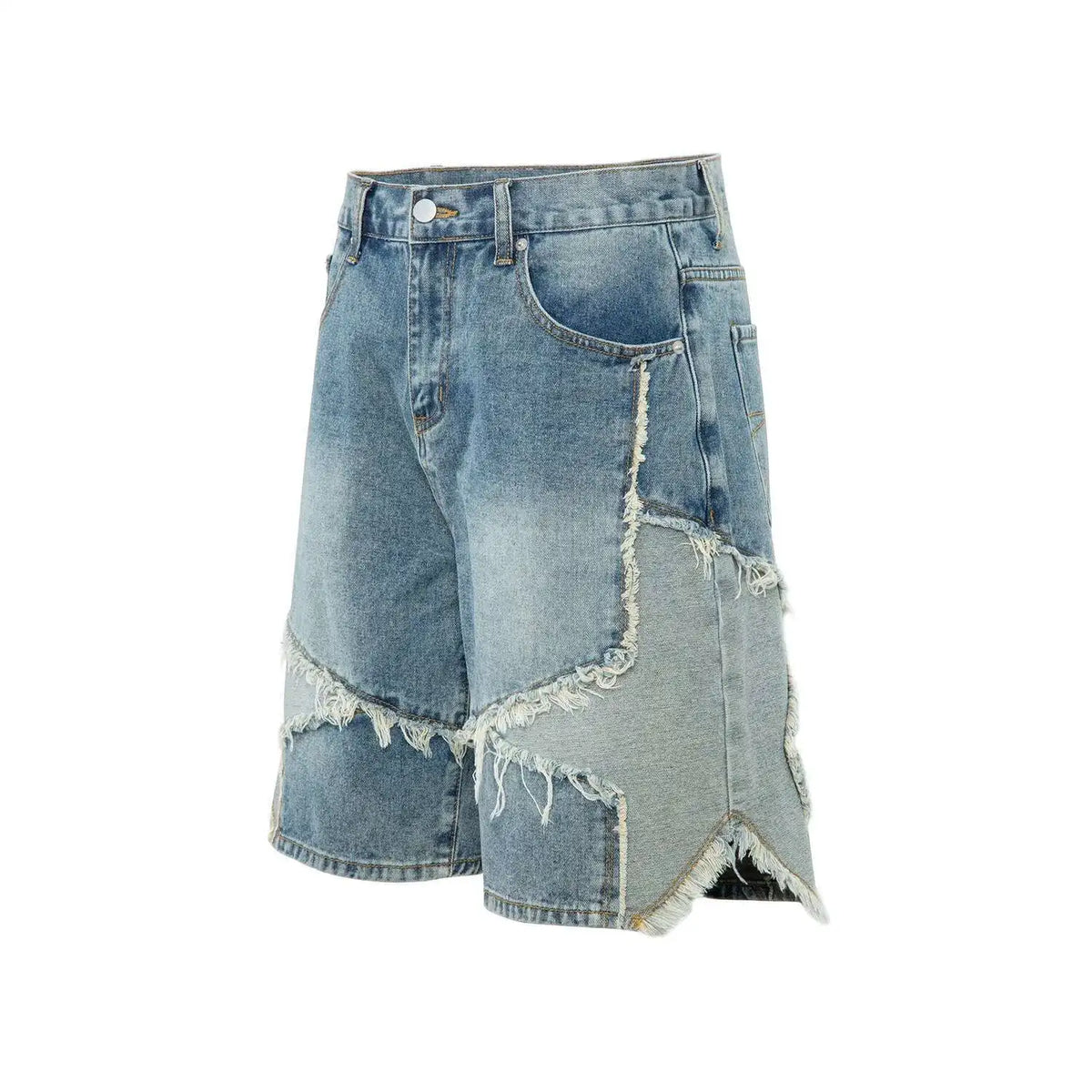 Summer Pentagram Pattern Men's Jort Splicing Mid Length Denim Pants American High Street Straight Male Shorts