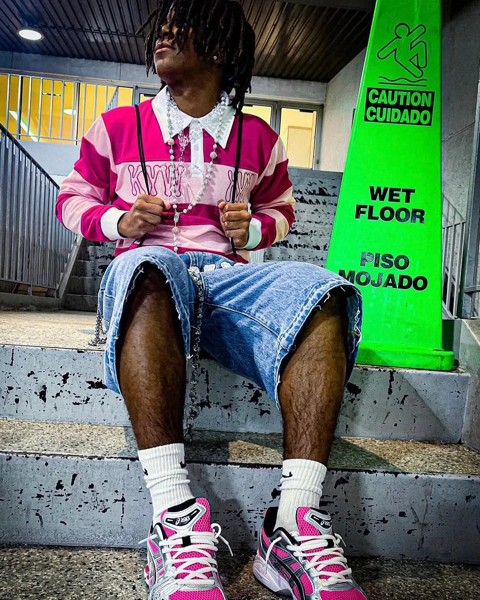 Pink Rugby Polo Shirts Hip Hop Men Stripe Print Lapel Neck Shirt Y2k Harajuku Fashion Casual Cotton Long Sleeves Top Women Tees
