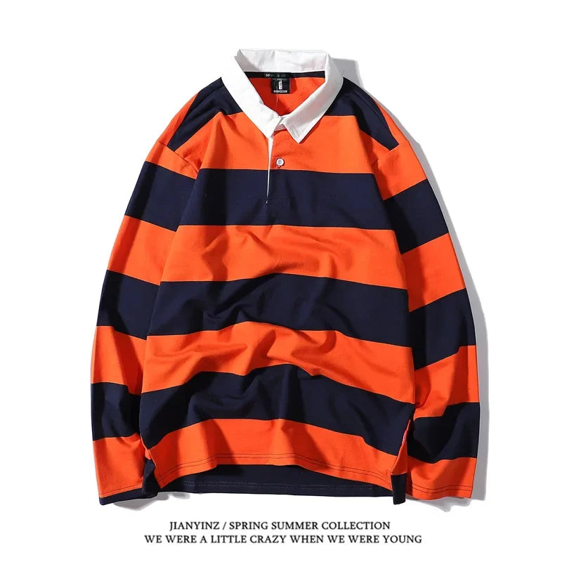 Color Blocking Striped Print Men's Polo Shirt Autumn Business Casual Long Sleeved Top Comfortable Breathable Loose Lapel T-Shirt