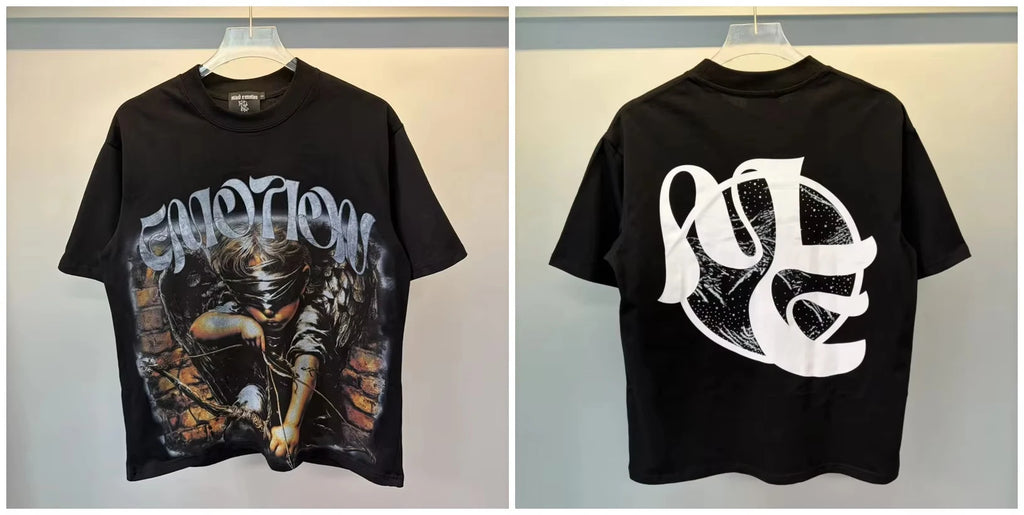 New MIXED-EMOTION Rhinestone cartoon printed pattern  cotton Men Women T-shirt Loose casual Shinning Tees Oversized Top