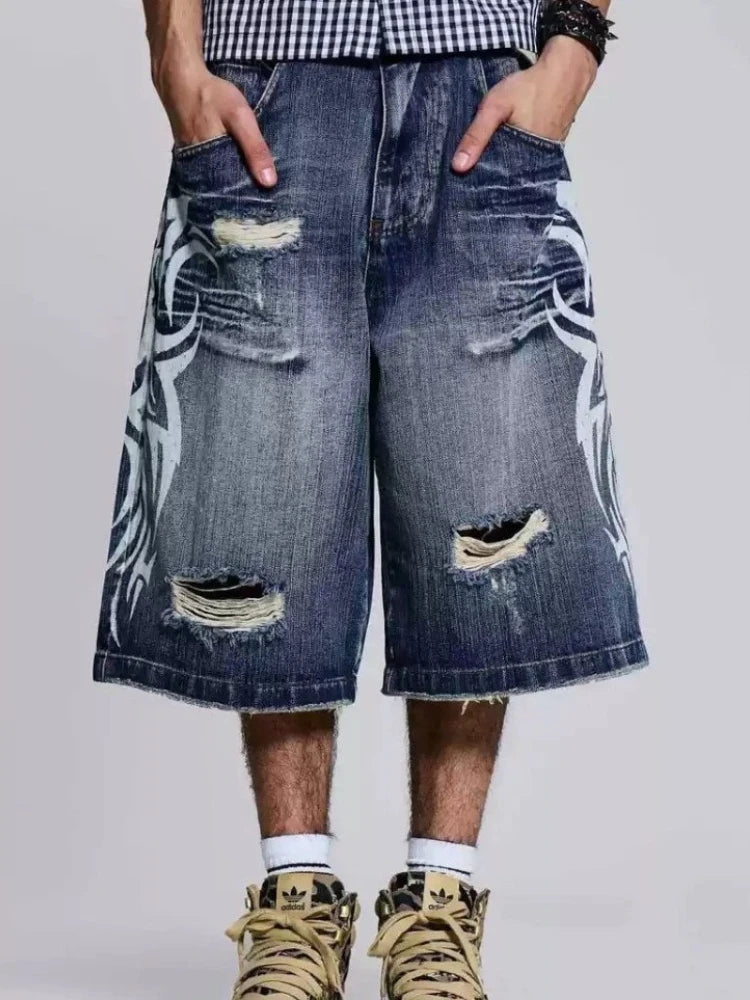HOUZHOU Gothic Vintage Print Short Jeans Women Grunge Blue Oversize Distressed Jorts Wide Leg Pattern Denim Shorts Streetwear