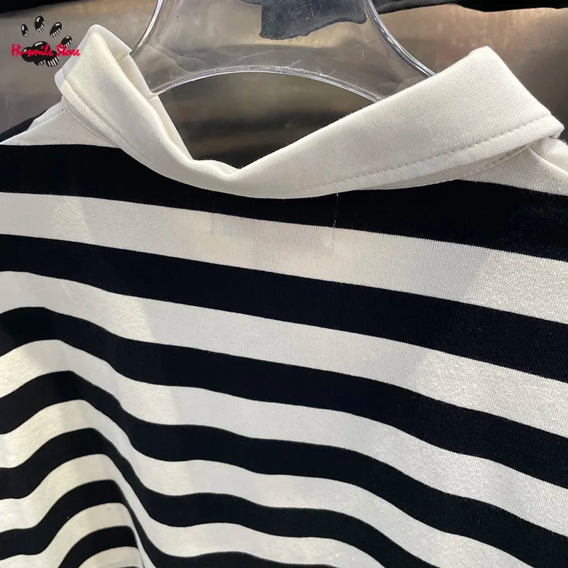 Striped Rhinestone Letter Logo MAJESTIK Short Sleeve Polo Shirt Men Woman Streetwear All-match Tee Best Quality New Fashion Top