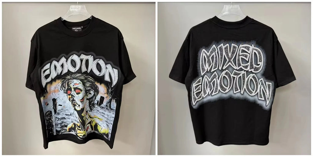New MIXED-EMOTION Rhinestone cartoon printed pattern  cotton Men Women T-shirt Loose casual Shinning Tees Oversized Top