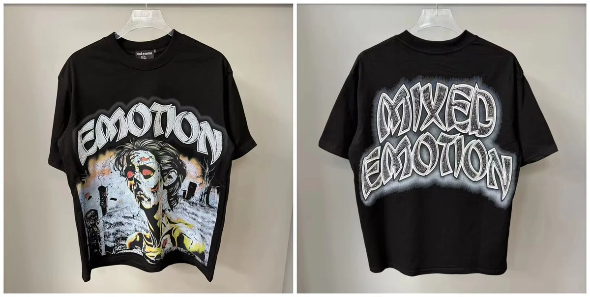 New MIXED-EMOTION Rhinestone cartoon printed pattern  cotton Men Women T-shirt Loose casual Shinning Tees Oversized Top