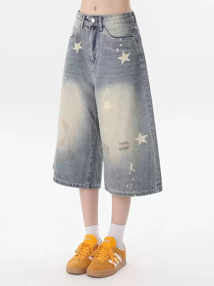 Street Y2K Vintage Washed Cat Whiskered Style embroidered Bermuda Jeans Knee Length Denim Jorts Casual Shorts Cropped Trousers