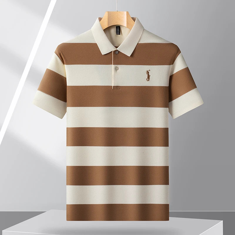 Men's Contrasting Striped Lapel Short Sleeved T-shirt, Summer Dad Outfit, New Cool POLO Top