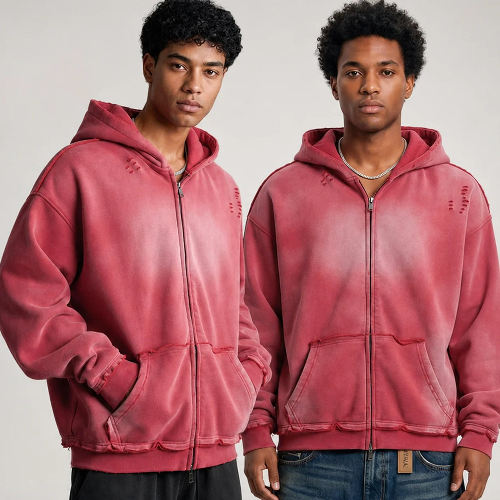 Vintage Washed Zip up Hoodie Heavyweight 400G Oversized Faded Hoodie Y2K Streetwear Full Zip Jacket