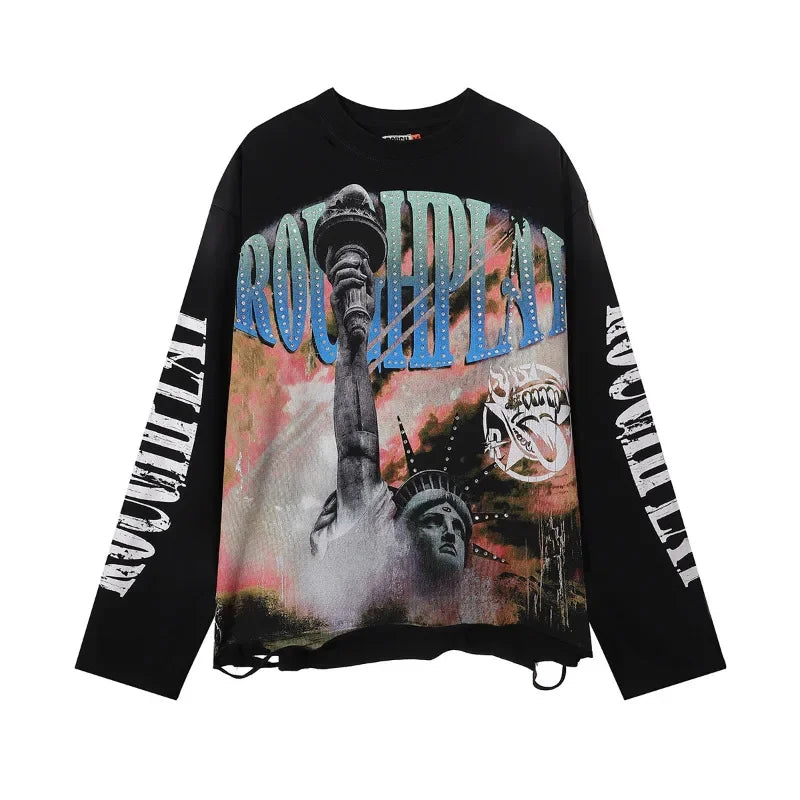 New American Style Rough Play Splicing Shinning Diamond 100% Cotton long sleeves T-shirts for Men Women Crew Neck Loose Summer T-shirt Oversized Tees