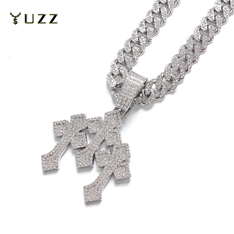 New Iced Out Stacked Crosses Pendant Necklace