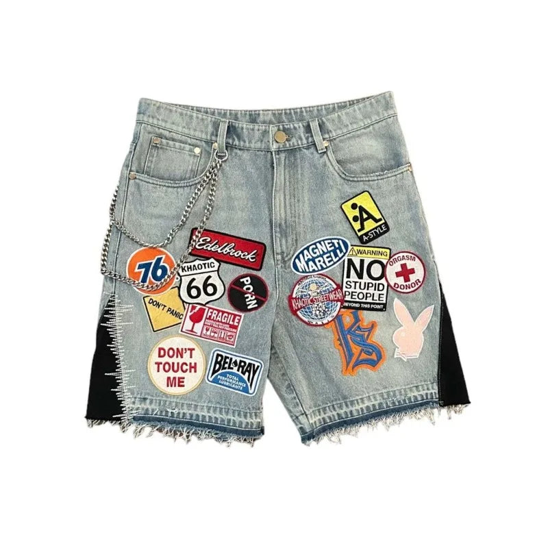 IOOTIANY Y2k Cartoon Embroidery Jorts Man Women Harajuku Streetwear Retro Patchwork Denim Shorts Jeans Baggy Shorts Oversized