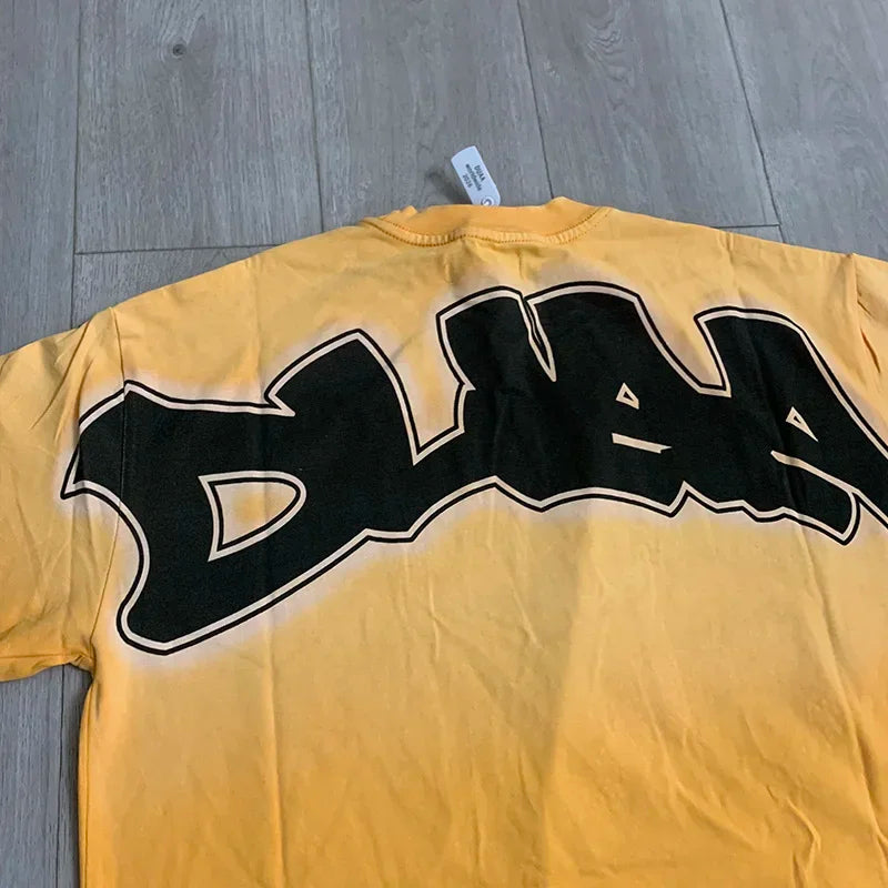 Streetwear Rhinestone Letter Print Yellow T-shirt Men Woman Fashion Retro Shinning Diamond loose casual Oversized Hip Hop Tees