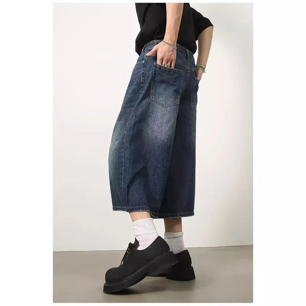 Vintage Y2k Baggy Jeans Men's Fashion High Waisted Wide Leg Pants Summer Hip Hop Streetwear Couple Leisure Denim Cropped Pants
