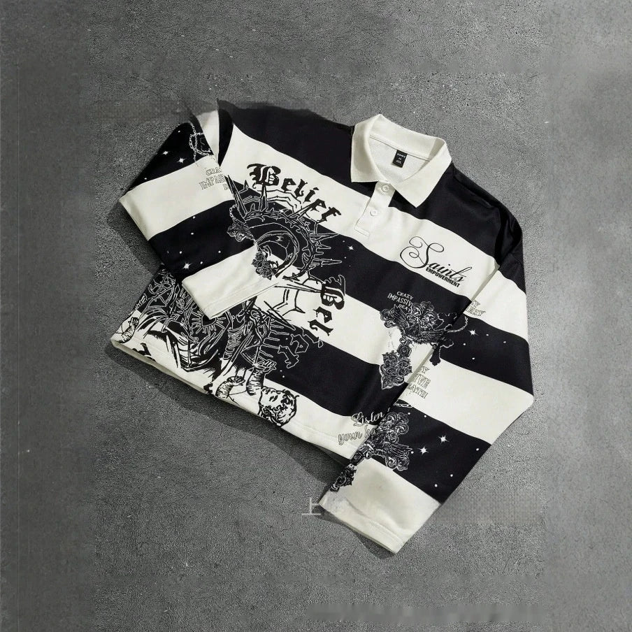 2026 Summer New Style Men's Long-Sleeved Polo Shirt with 3D Letter Pattern Print Street Casual Fashionable and Comfortable