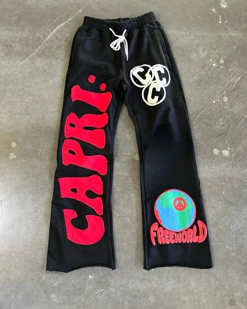Y2K Hip Hop Flared Casual Pants Unisex Summer Loose Wide Leg Trousers Foam Letter Earth Peace Print Elastic Street Sweatpants