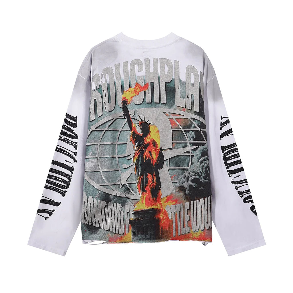 New American Style Rough Play Splicing Shinning Diamond 100% Cotton long sleeves T-shirts for Men Women Crew Neck Loose Summer T-shirt Oversized Tees