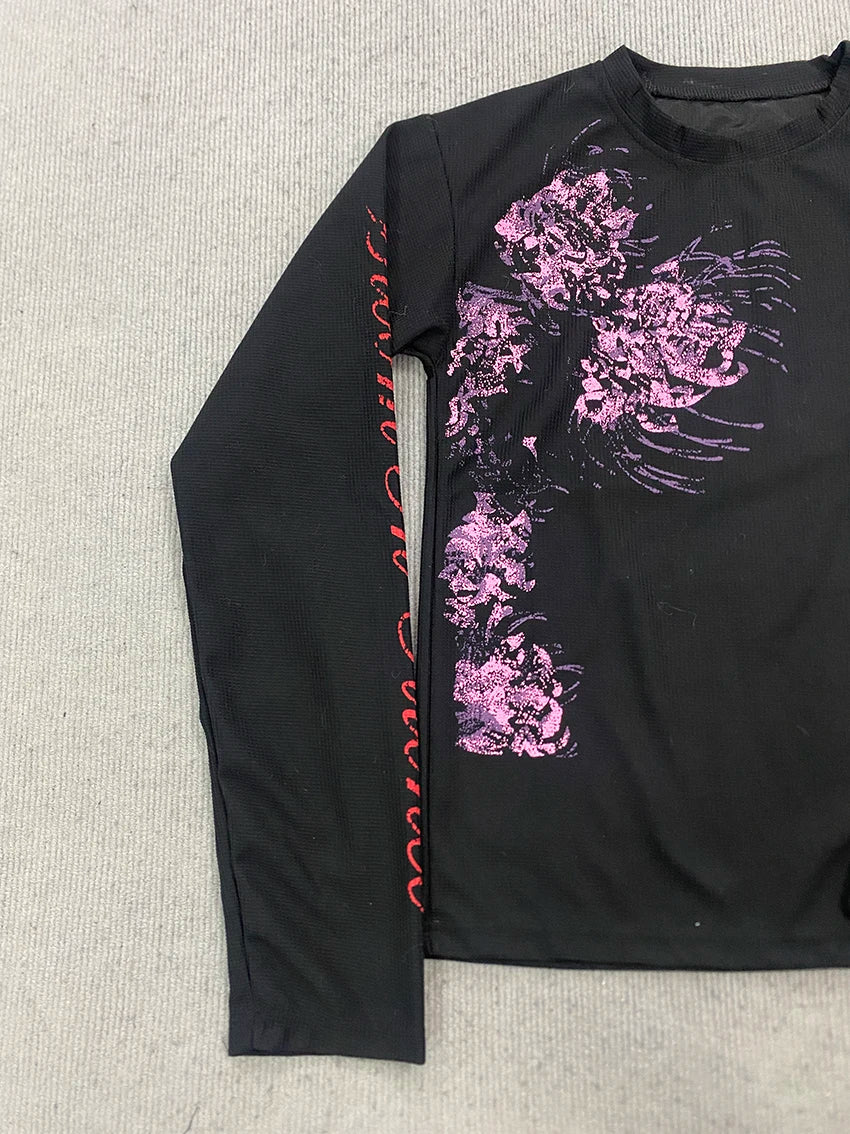 Fashionable Classics Round Neck Long Sleeved Versatile Loose T-shirt Y2K Streetwear Retro Personalized Creative Waffle Print Top