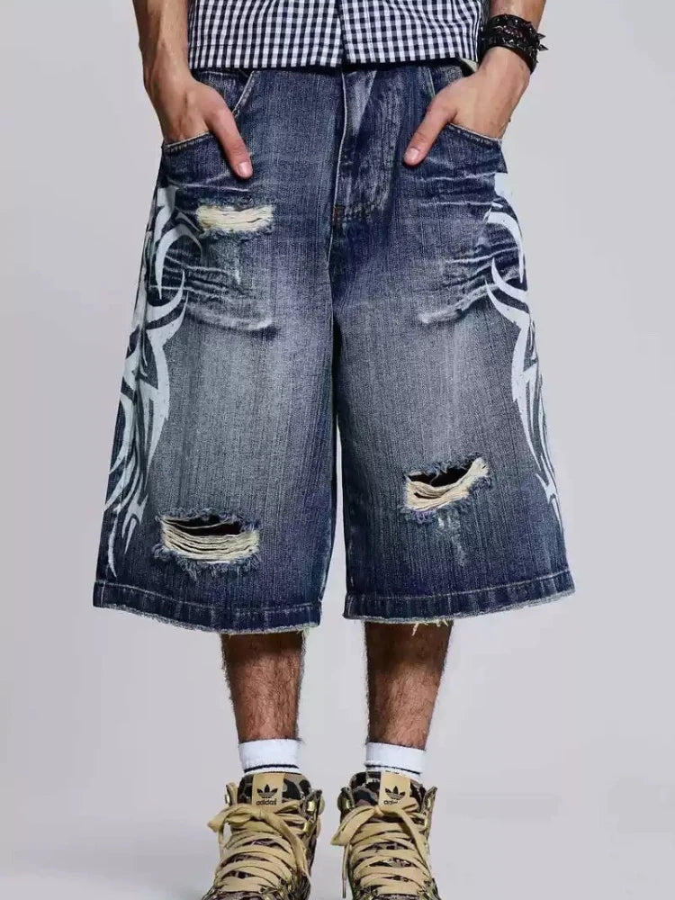 HOUZHOU Gothic Vintage Print Short Jeans Women Grunge Blue Oversize Distressed Jorts Wide Leg Pattern Denim Shorts Streetwear