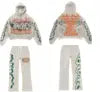 Vintage Washed Unisex Hoodie Jogger Set 100% Cotton Fleece Anti-Bacterial Pink Black Letter Print Crop Sweatshirt Wide Leg Pants