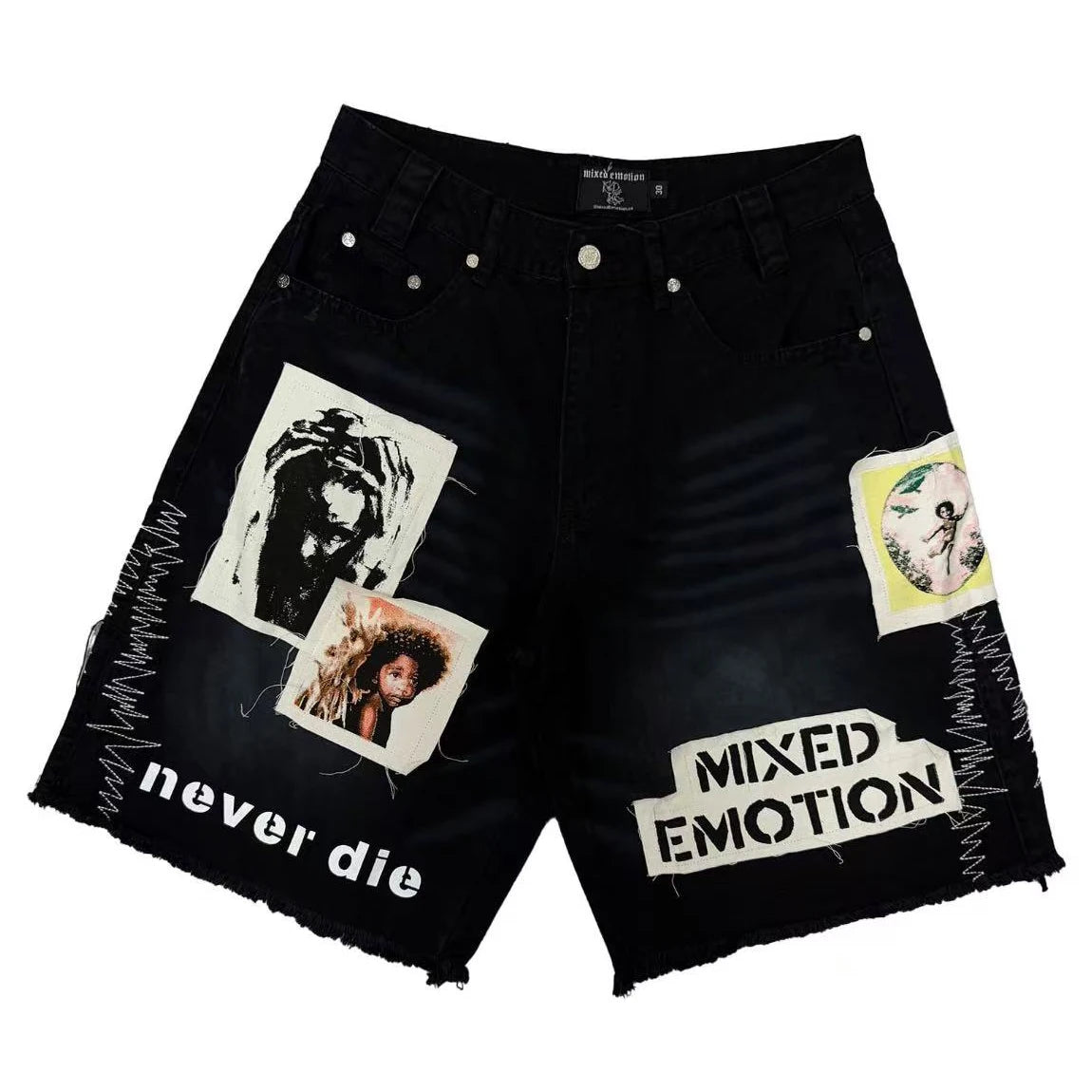 Vintage Men Denim Jorts Patchwork Graphic Raw Frayed Distressed Baggy Denim Shorts Hip Hop Y2K Streetwear Cargo Jean Shorts